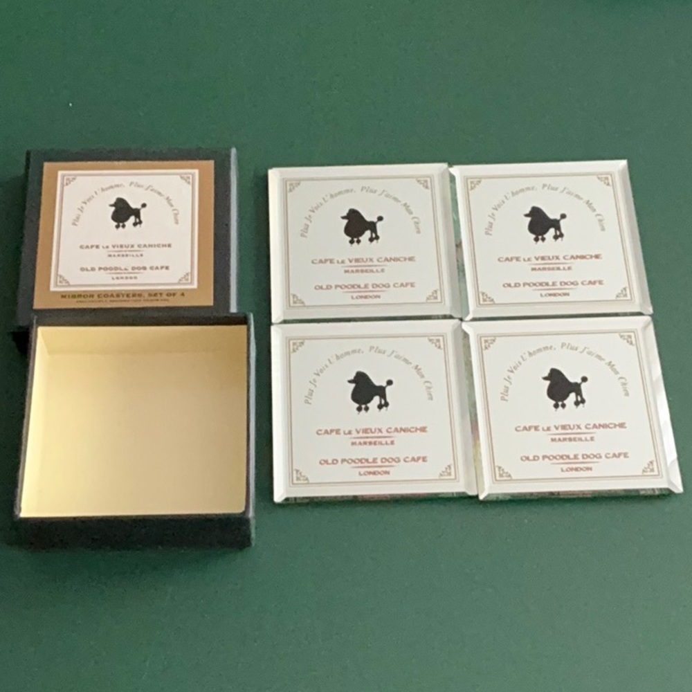 4 Restoration Hardware MIRROR POODLE coasters Old Poodle Dog Cafe new in box 4.5